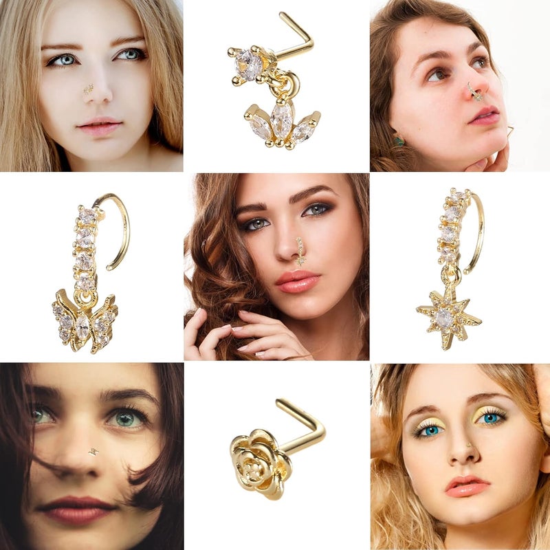 SAMOCO 20Pcs 20G Dangle Nose Ring L Shaped Dangling Nose Stud for Women Stainless Steel Nose Ring Studs CZ Flower Dangle Nose Rings Hoops Nose Piercing - Image 4